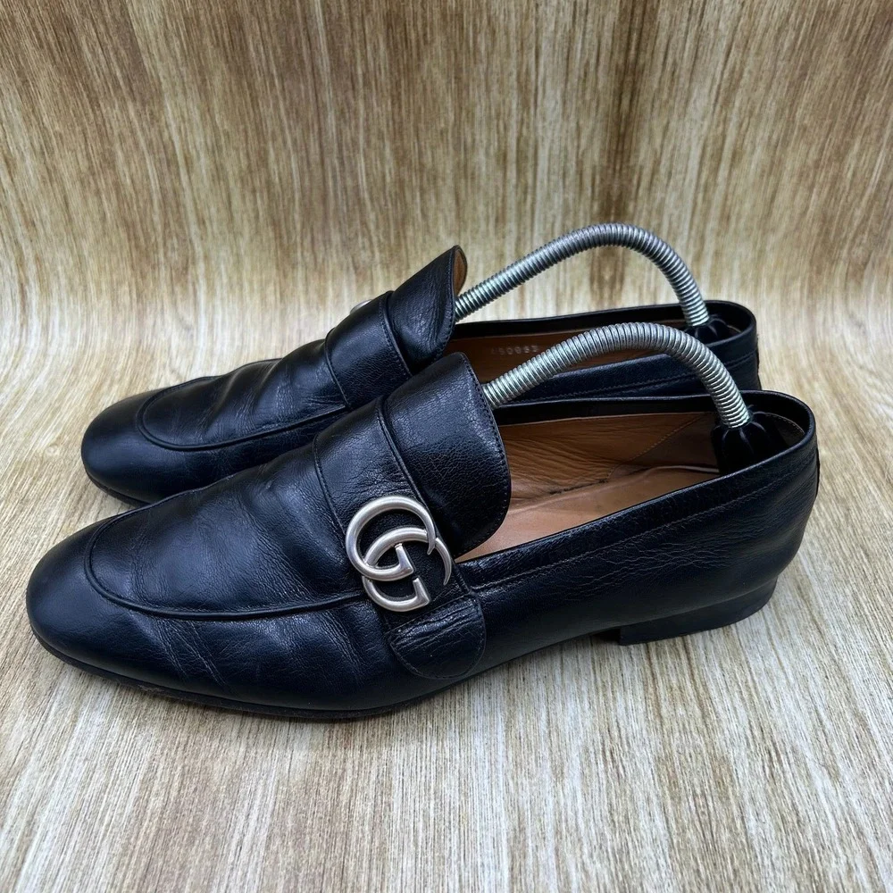 Gucci Slip On Loafers Men's Size 8.5 Black Leather Silver Double G Hardware